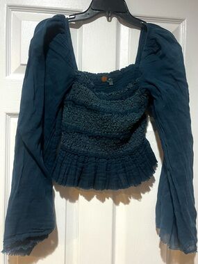 Free People Teal Smocked Peplum Long-Sleeve Blouse
